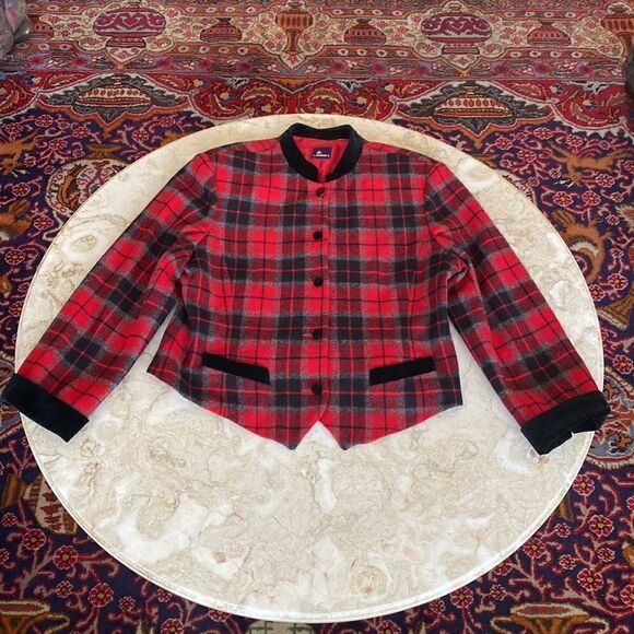 Vintage LizSport Liz Claiborne Tartan Plaid &. Velvet Tuxedo Jacket 40s Style - Picture 10 of 12